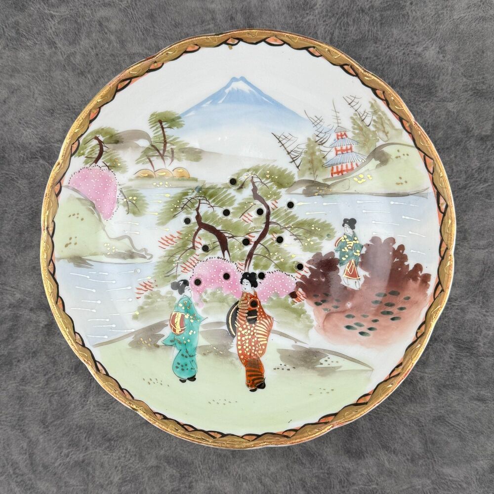 Nippon Japanese Berry Bowl Hand Painted Gilt Ladies Garden Fuji w/ Holes VTG 7"